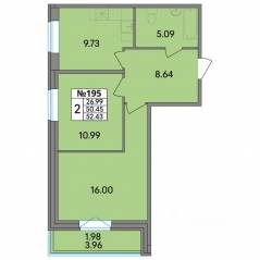 ЖК «Рождественский квартал», планировка 2-комнатной квартиры, 52.43 м²