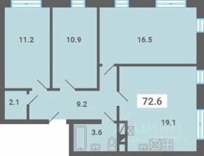 МЖК «Южная Долина», планировка 3-комнатной квартиры, 72.60 м²