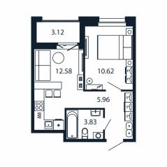 ЖК «Полис Новоселье», планировка 1-комнатной квартиры, 34.55 м²