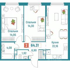 ЖК «Графика», планировка 2-комнатной квартиры, 64.31 м²