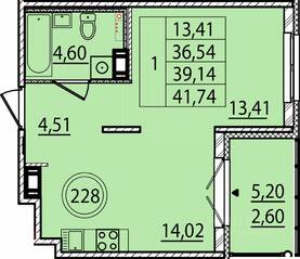 МЖК «Образцовый квартал 15», планировка 1-комнатной квартиры, 36.54 м²