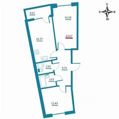 ЖК «Левитан», планировка 2-комнатной квартиры, 62.67 м²