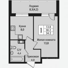 ЖК «Южная заря», планировка 1-комнатной квартиры, 38.70 м²