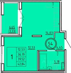 МЖК «Образцовый квартал 16», планировка 1-комнатной квартиры, 36.19 м²