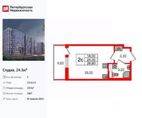 ЖК «Бионика Заповедная», планировка студии, 24.30 м²