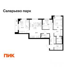 ЖК «Саларьево парк», планировка 3-комнатной квартиры, 75.70 м²