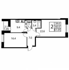 ЖК «Космос», планировка 2-комнатной квартиры, 61.05 м²