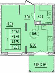 МЖК «Образцовый квартал 17», планировка 1-комнатной квартиры, 39.50 м²