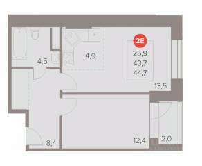 ЖК «Отлично», планировка 2-комнатной квартиры, 44.70 м²