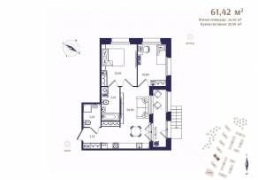 ЖК «Ranta Residence», планировка 2-комнатной квартиры, 61.42 м²
