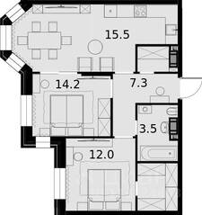 ЖК «Театральный квартал», планировка 2-комнатной квартиры, 57.60 м²