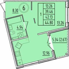 МЖК «Образцовый квартал 17», планировка 1-комнатной квартиры, 39.46 м²
