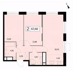 ЖК «Self», планировка 2-комнатной квартиры, 67.60 м²