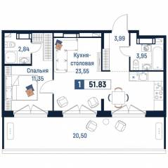 ЖК «Максималист», планировка 1-комнатной квартиры, 51.83 м²