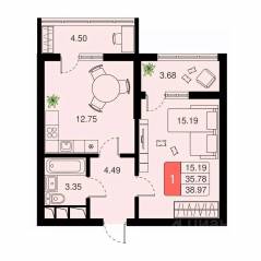 ЖК «Химки Тайм», планировка 1-комнатной квартиры, 38.97 м²