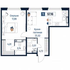 ЖК «Максималист», планировка 1-комнатной квартиры, 57.16 м²