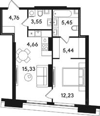 ЖК «Солос», планировка 1-комнатной квартиры, 51.42 м²