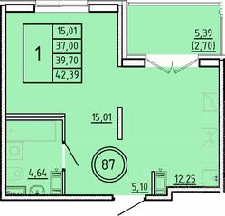 МЖК «Образцовый квартал 16», планировка 1-комнатной квартиры, 37.00 м²