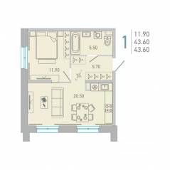 ЖК «Lovo», планировка 1-комнатной квартиры, 43.60 м²