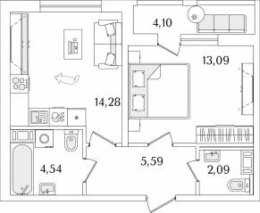 ЖК «Лайнеръ», планировка 1-комнатной квартиры, 41.64 м²