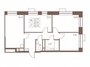 ЖК «Западная Ивантеевка», планировка 3-комнатной квартиры, 65.90 м²