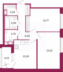 ЖК «Дом на Курской», планировка 2-комнатной квартиры, 57.71 м²