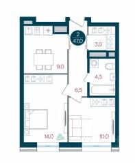 ЖК «Русич Кантемировский», планировка 1-комнатной квартиры, 47.00 м²