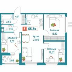 ЖК «Графика», планировка 3-комнатной квартиры, 65.34 м²