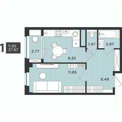 МЖК «Новокасимово», планировка 1-комнатной квартиры, 37.87 м²
