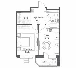ЖК «Одинбург», планировка 1-комнатной квартиры, 46.99 м²