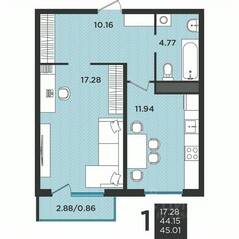 МЖК «Новокасимово», планировка 1-комнатной квартиры, 44.90 м²