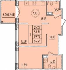 МЖК «Образцовый квартал 17», планировка 2-комнатной квартиры, 57.71 м²