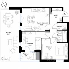 МЖК «Экография», планировка 2-комнатной квартиры, 58.60 м²