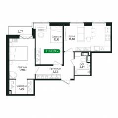 ЖК «Sertolovo Park», планировка 2-комнатной квартиры, 53.09 м²