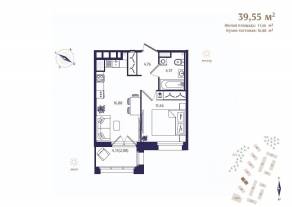ЖК «Ranta Residence», планировка 1-комнатной квартиры, 39.55 м²