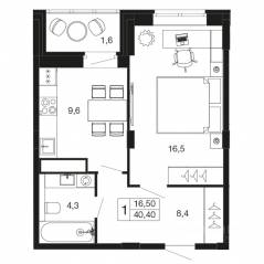 ЖК «Времена года», планировка 1-комнатной квартиры, 40.40 м²