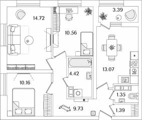 ЖК «БелАрт», планировка 3-комнатной квартиры, 67.10 м²