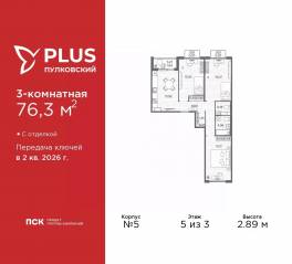 ЖК «Plus Пулковский», планировка 3-комнатной квартиры, 76.30 м²