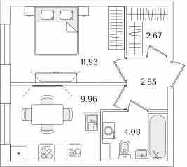 ЖК «Кинопарк», планировка 1-комнатной квартиры, 31.49 м²