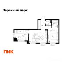 ЖК «Заречный парк», планировка 2-комнатной квартиры, 50.99 м²