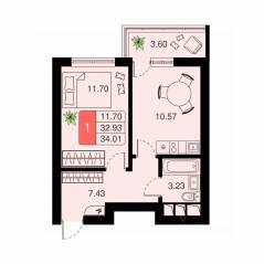 ЖК «Химки Тайм», планировка 1-комнатной квартиры, 34.01 м²