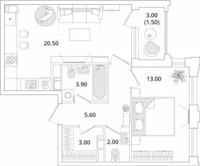 ЖК «Тайм Сквер», планировка 1-комнатной квартиры, 49.40 м²