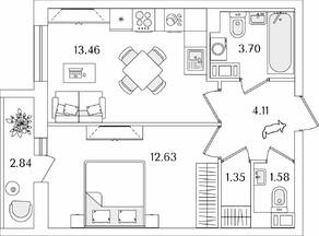 ЖК «Кинопарк», планировка 1-комнатной квартиры, 38.25 м²