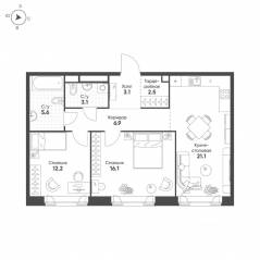 ЖК «MariInn Park», планировка 2-комнатной квартиры, 70.60 м²