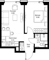 ЖК «SET», планировка 1-комнатной квартиры, 37.95 м²