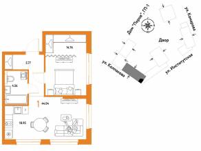 ЖК «Страна.Парковая», планировка 1-комнатной квартиры, 44.04 м²