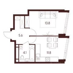 ЖК «Indy Towers», планировка 1-комнатной квартиры, 35.30 м²