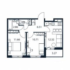 ЖК «Полис ЛАВрики», планировка 2-комнатной квартиры, 45.10 м²