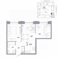 ЖК «Страна.Заречная», планировка 3-комнатной квартиры, 49.00 м²