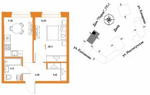 ЖК «Страна.Парковая», планировка 1-комнатной квартиры, 38.11 м²